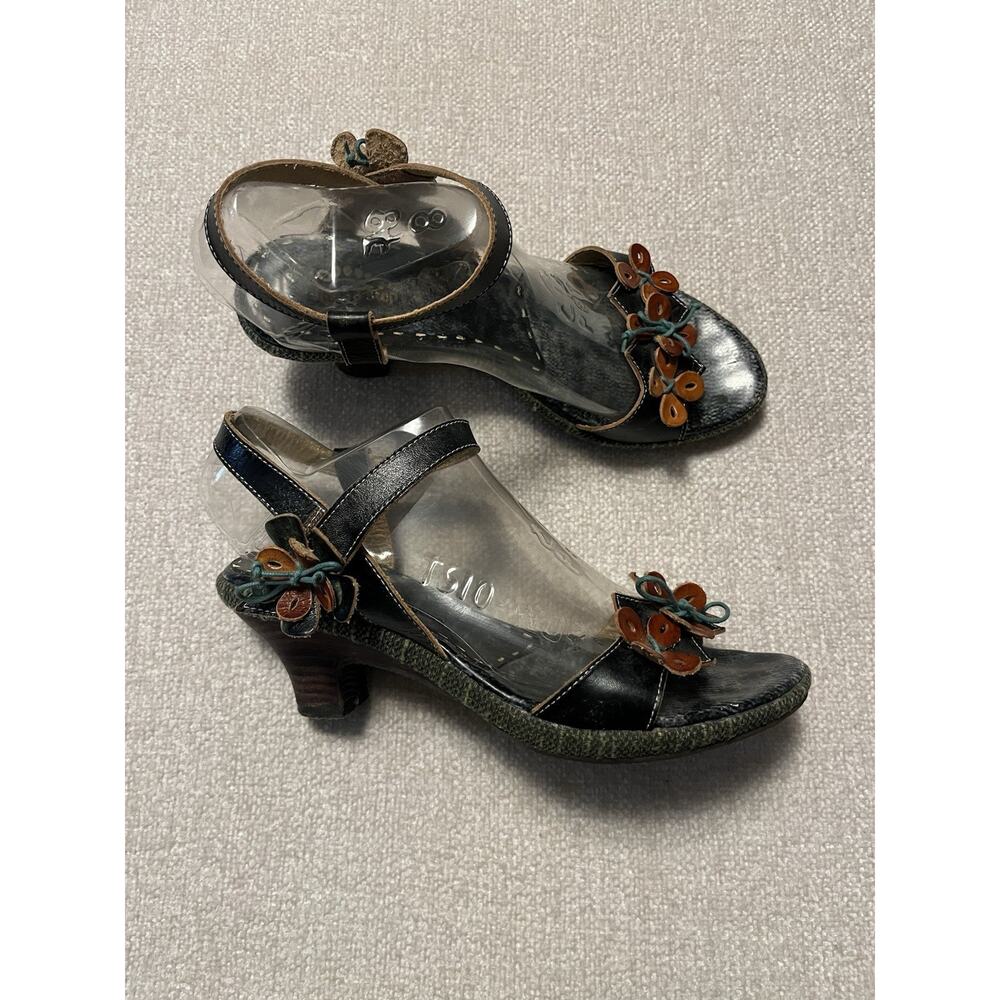 Spring Step Sandals Womens 39 Tarragon Flower Black Kitten Heels See Pictures